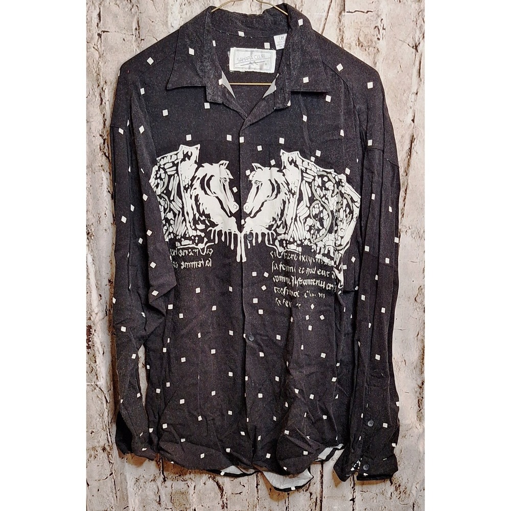 Sahara Club‎ Men's Medium Black Medieval Horse Patrn Button up Long sleeve Shirt
